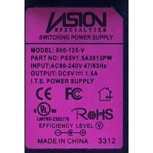 ADAPTADOR VISION SPECIALTIES VCA / NUMERO DE PARTE PS5V1.5A3513PW / MODELO 900-125-V / ENTRADA VCA 90-240V~47-63Hz / SALIDA VCD 5V-1.5A	